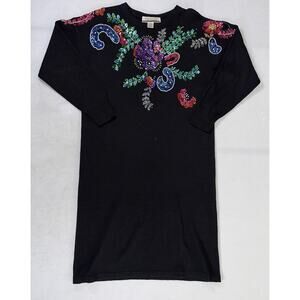 Vintage Diana Marco Womens Sz 20 Knit Sequin Black Sweater Dress Retro 80's
